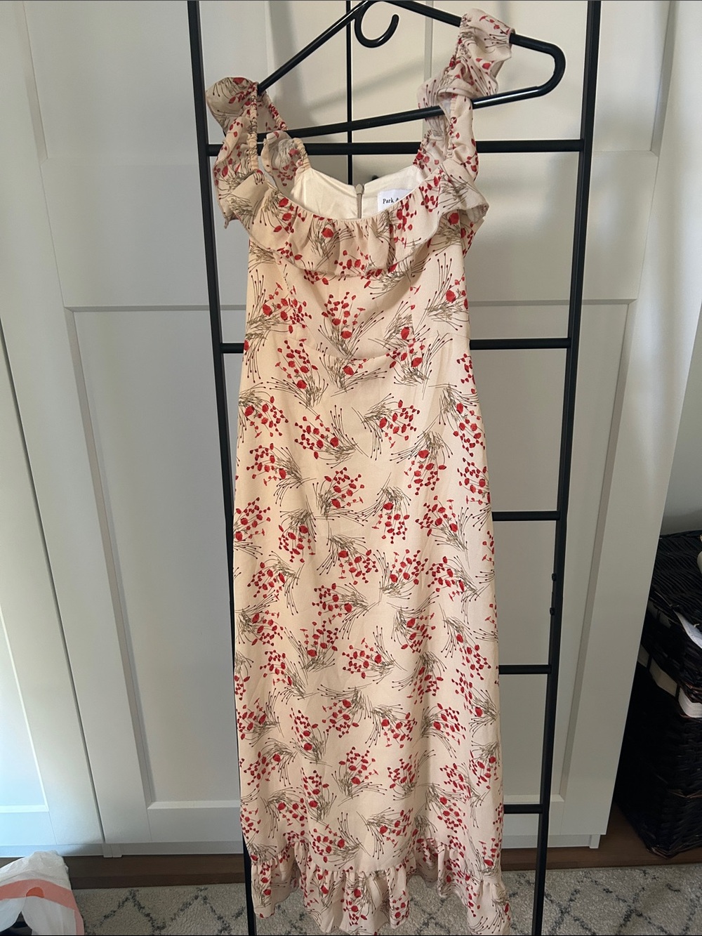 Park & Fifth Cream Dress with Red Floral Print and Ruffle Details